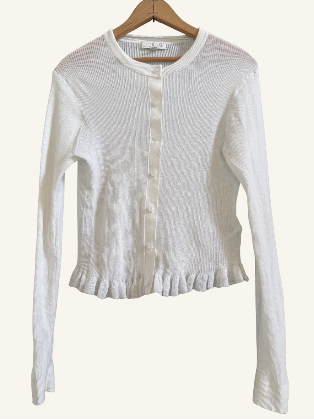 J.Crew White Lightweight Ribbed Cardigan Ruffle Hem Sweater L
